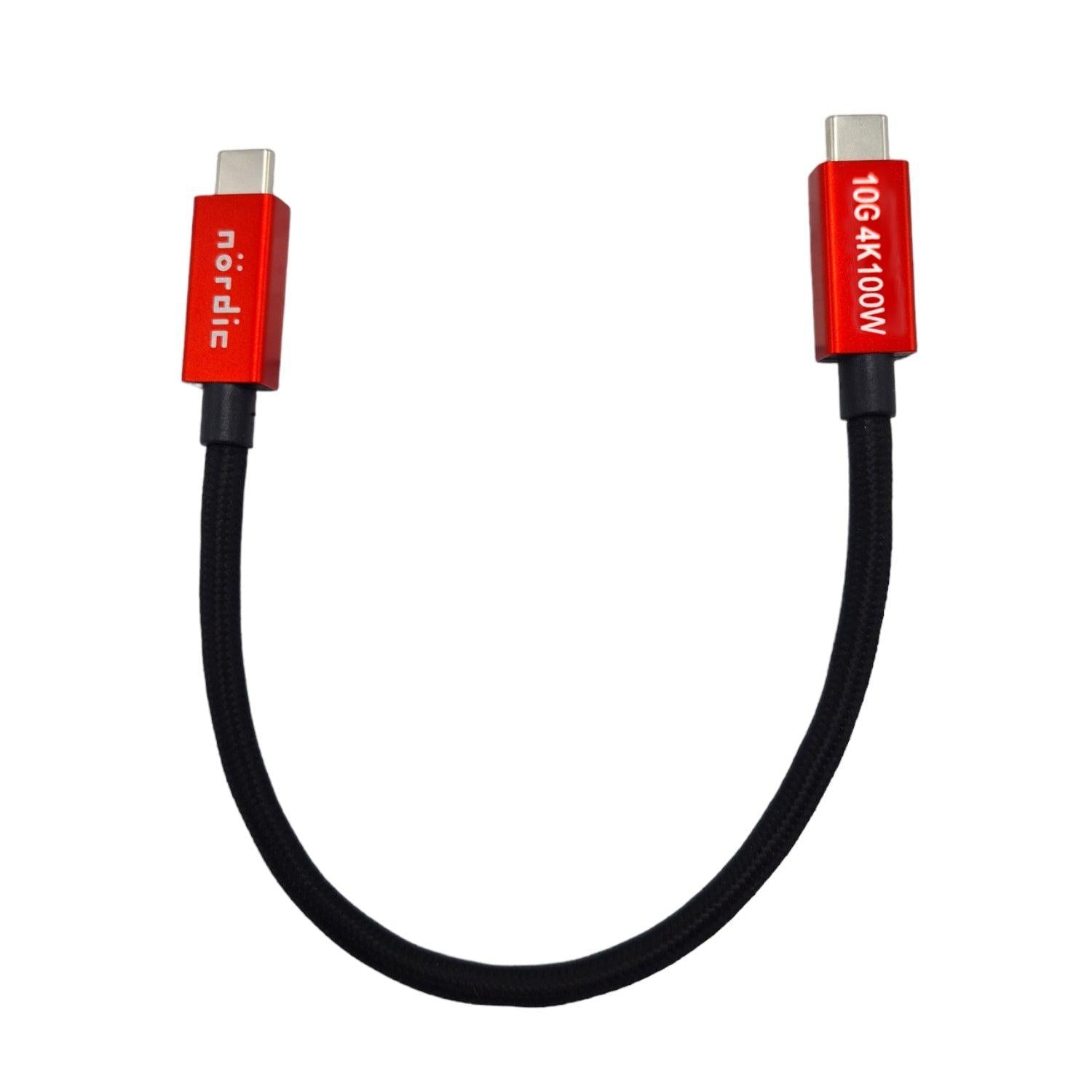 NÖRDIC 25 cm USB3.2 Gen2 SuperSpeed USB 10 Gbps USB-C til C nylonflettet kabel med strømforsyning 100W, 4K60Hz video og Emarker