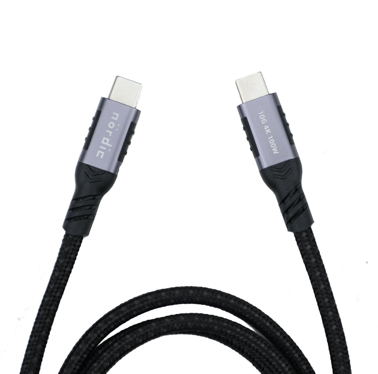NÖRDIC 25 cm USB3.2 Gen2 USB-C til C Nylonflettet kabel Hurtiglading med strømforsyning PD100W 10Gbps 5A med Emarker