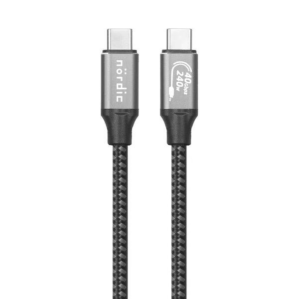 NÖRDIC 25cm USB4 USB-C til C Nylonflettet kabel PD3.1 240W hurtiglading 40G 8K60Hz 4K120Hz 5K60Hz 2x4K60Hz Emarker kompatibel med Thunderbolt 4 og 3
