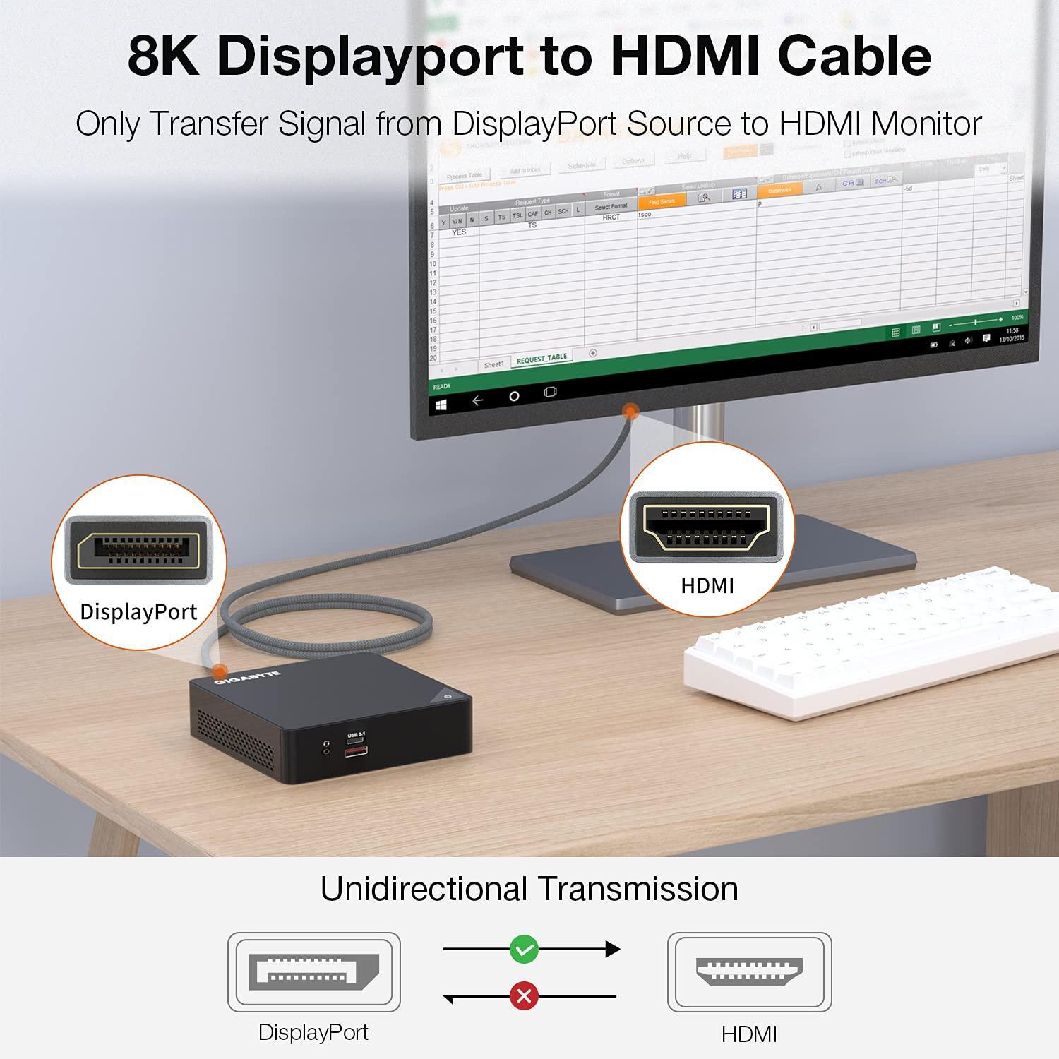 NÖRDIC 2m Displayport 1.4 til HDMI 2.1 8K60Hz 4K120/144Hz Dynamic HDR 32.4Gbps Dolby ATMOS