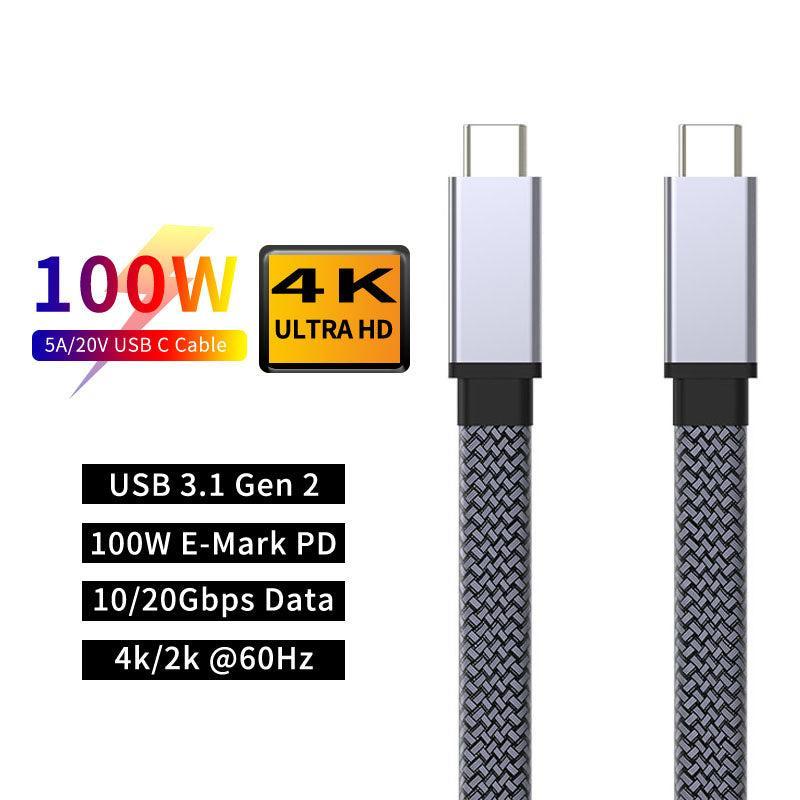 NÖRDIC 2m flat og tynn kabel USB3.2 Gen2 USB-C til C hurtiglading med strømforsyning PD100W 5A 10Gbps 4K 60Hz med Emarker