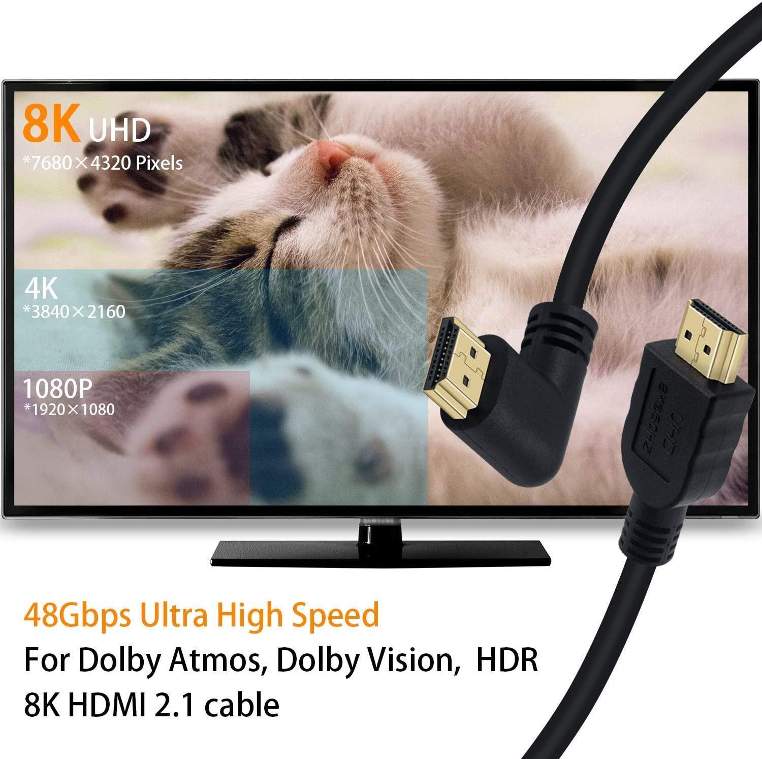 NÖRDIC 2m vinklet HDMI 2.1 UHD 8K 60Hz 4K 120Hz 48Gbps Dynamic HDR eARC Game Mode VRR Dolby ATMOS gullbelagt