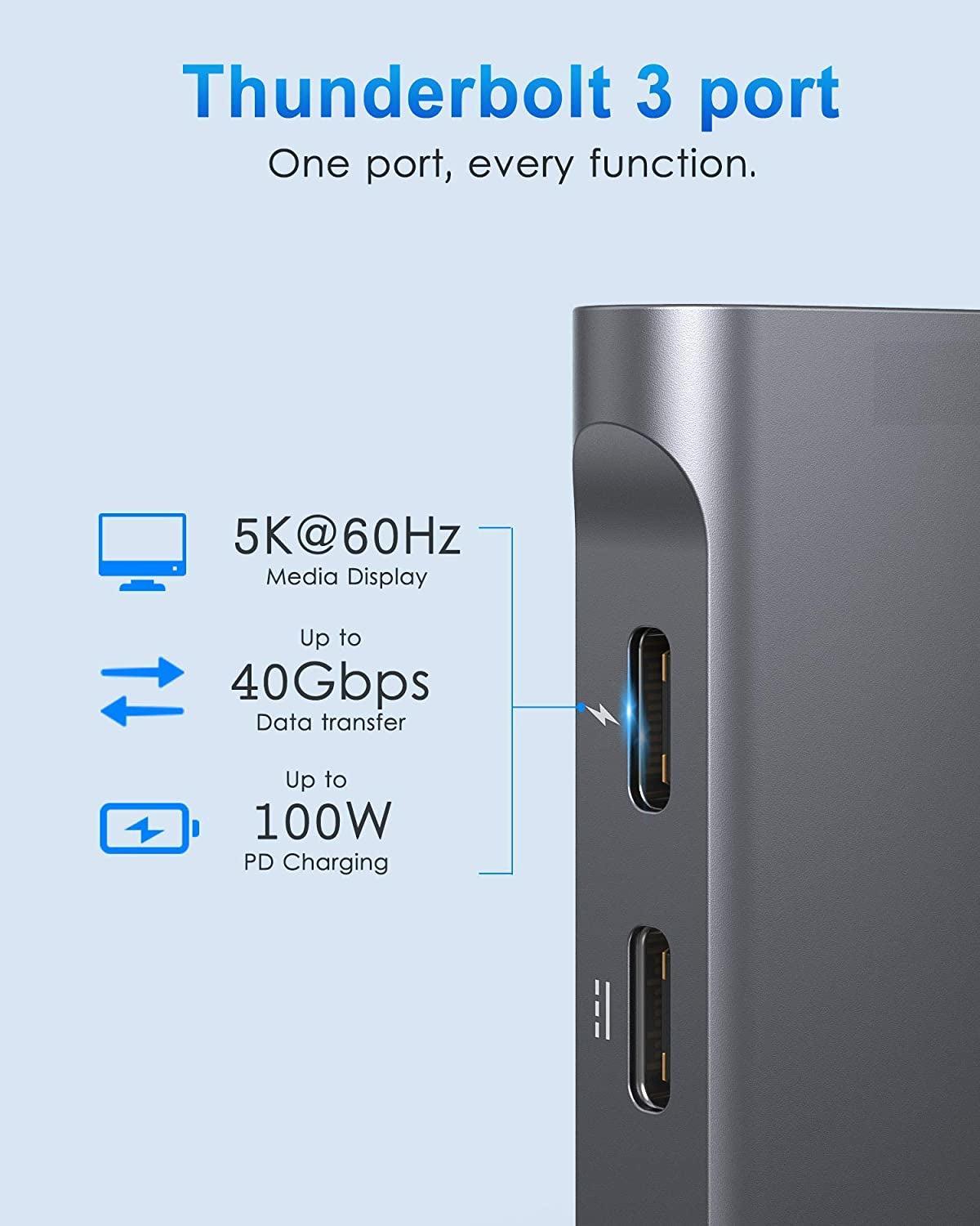 NÖRDIC 2 til 7 USB-C dokkingstasjon for dobbel skjerm for MacBook Pro og Air 1xHDMI 4K30Hz 1xThunderbolt 3xUSB-C 5K60Hz 40G 1xUSB-C 100W PD