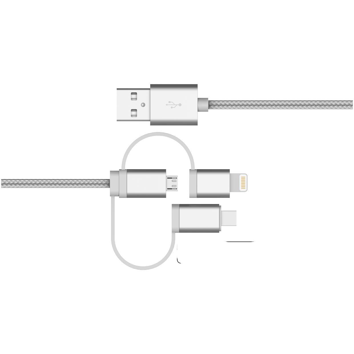 NÖRDIC 3 i 1 ladekabel USB A til 1x Non MFI Lightning, 1xUSB C og 1x Micro USB, Space grey 1m
