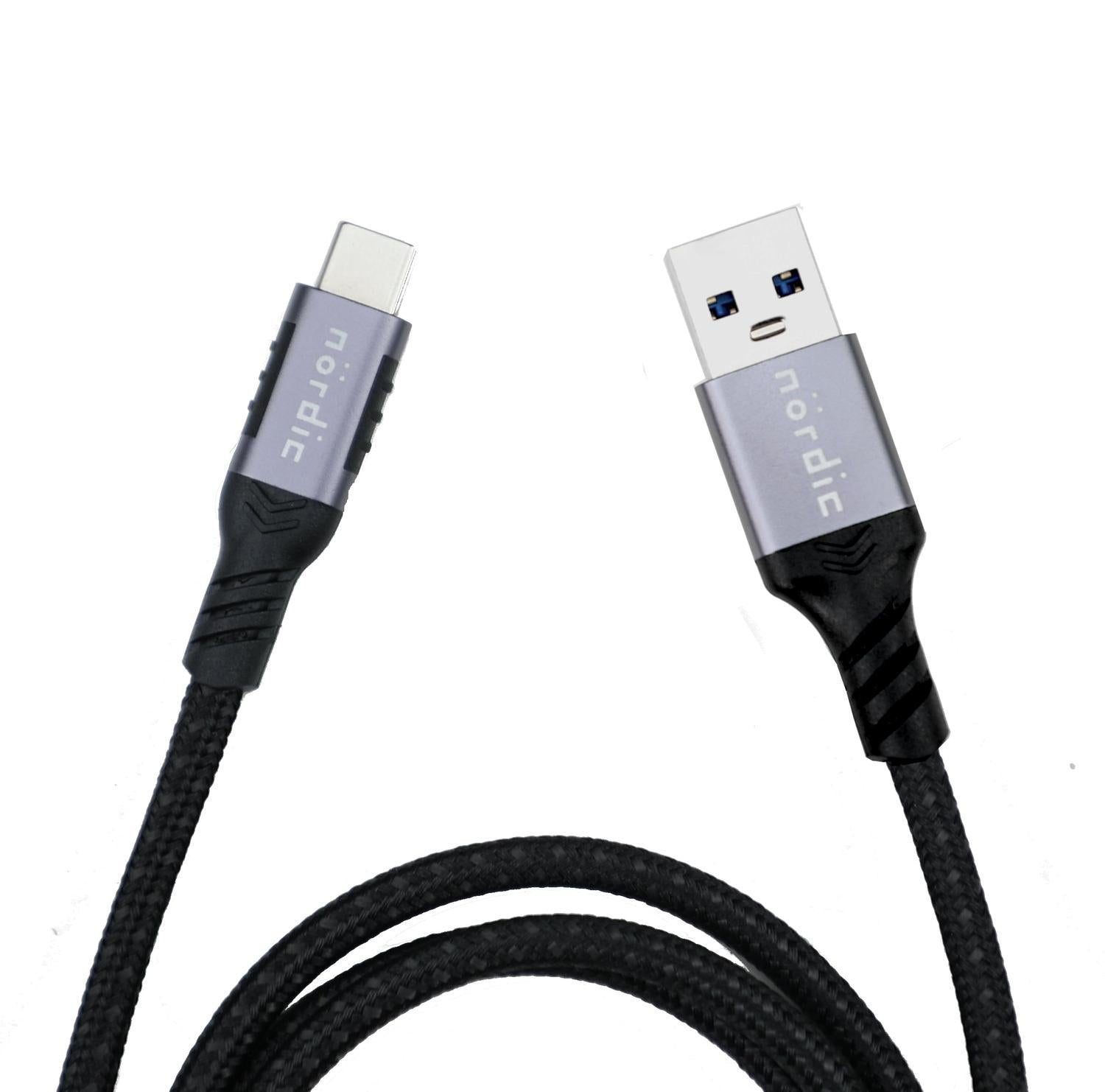 NÖRDIC 3m USB3.2 Gen1 USB-C til A nylonflettet kabel hurtiglading 3A 5Gbps Strømforsyning PD 60W