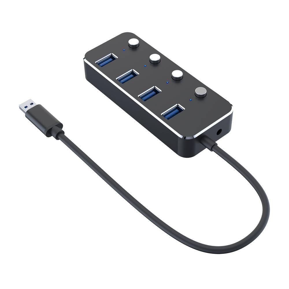 NÖRDIC 4-ports hub USB 3.0 5Gbps med individuell bryter 25cm kabel aluminium svart