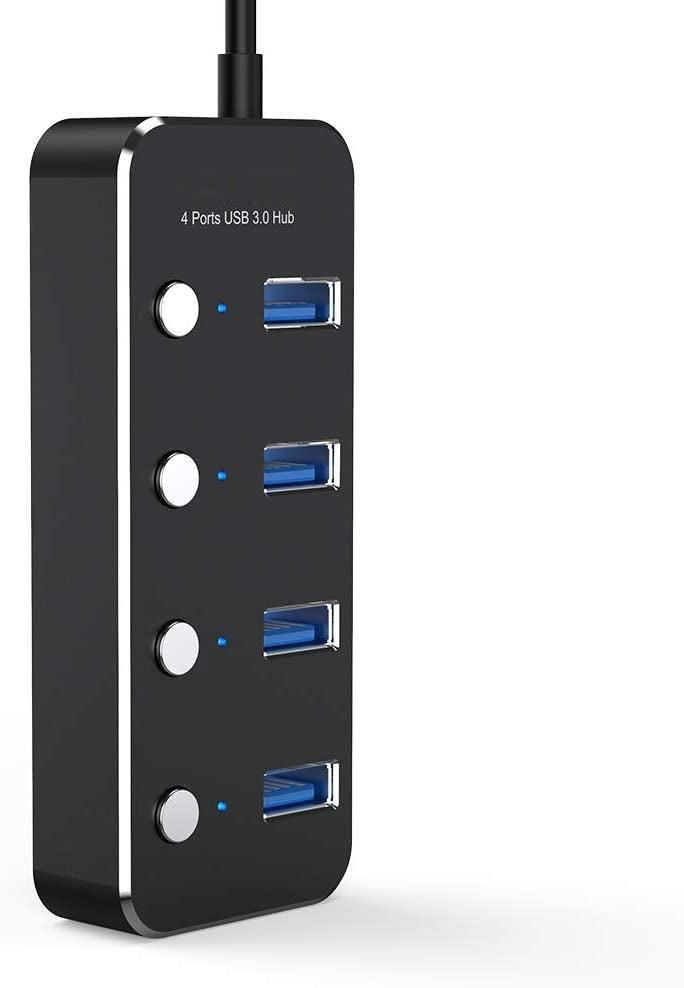 NÖRDIC 4-ports hub USB 3.0 5Gbps med individuell bryter 25cm kabel aluminium svart