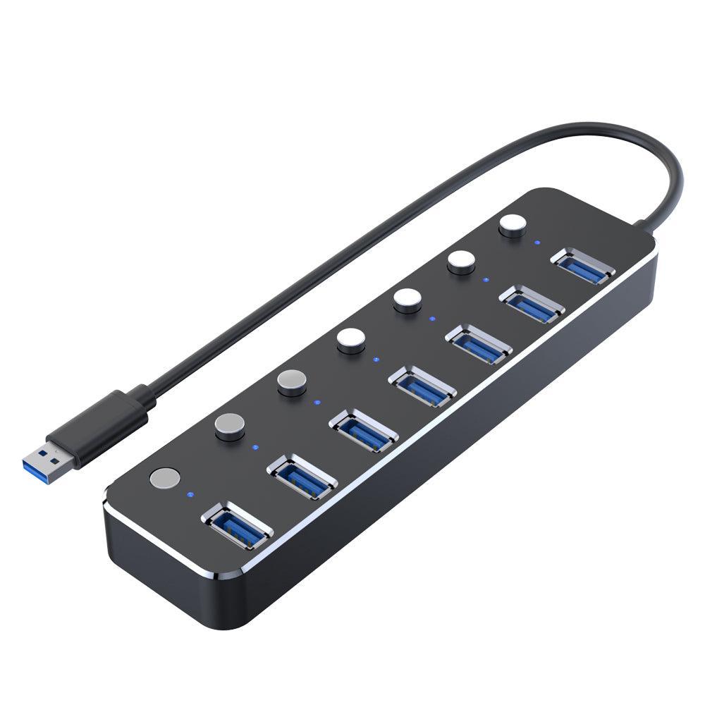 NÖRDIC 7-ports USB 3.0 HUB med individuell bryter 5Gbps 25cm kabel aluminium svart