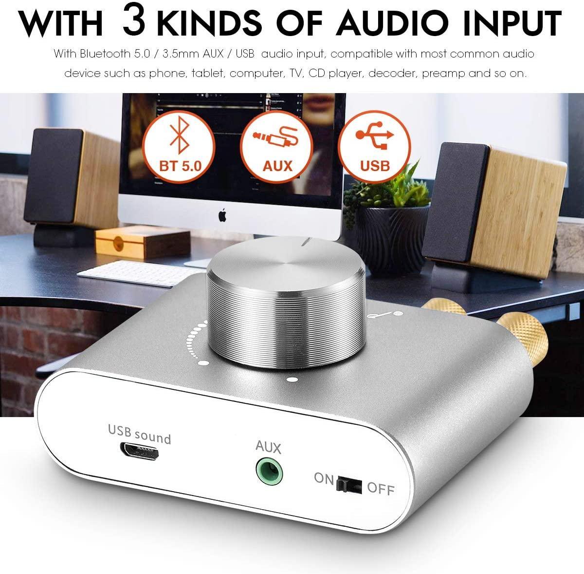 NÖRDIC Bluetooth 5.0 Stereoforsterker Digital Audio Amplifier 2x50W AUX / USB / BT Silver