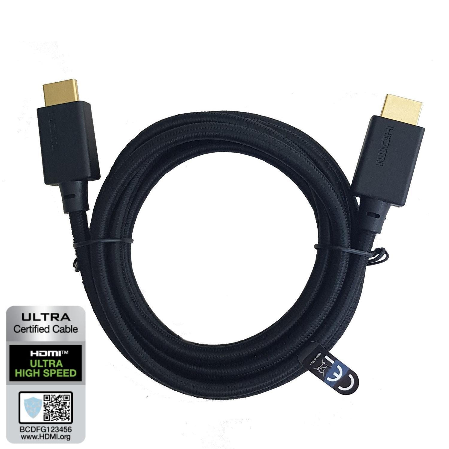 NÖRDIC CERTIFIED CABLE 1M HDMI2.1 Ultra High Speed 8K 60Hz 4K 120Hz 48Gbps Dynamic HDR Earc Game Mode VRR Dolby Atmos Nylon Flettet Kabel Forgylt