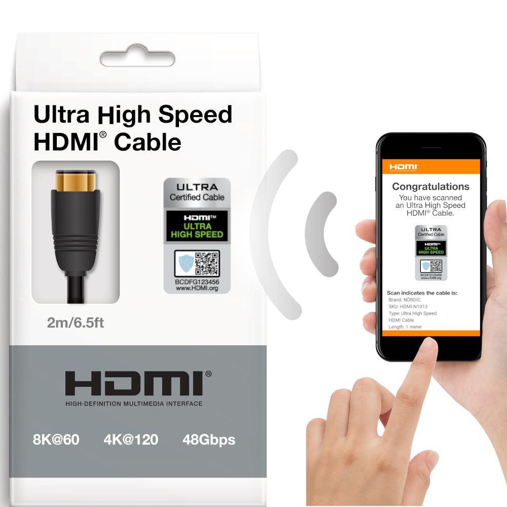 NÖRDIC CERTIFIED CABLE 1M Ultra High Speed HDMI 2.1 8k 60Hz 4k 120Hz 48Gbps Dynamisk HDR Earc VRR Nylon Flettet Kabel Forgylt Kontakt informasjon
