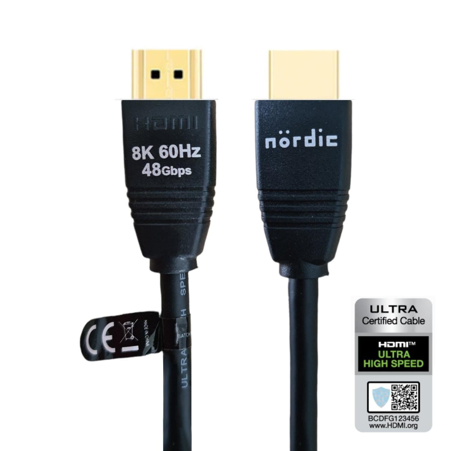 NÖRDIC CERTIFIED CABLES 1,5m Ultra High Speed HDMI2.1 8K60Hz 4K 120Hz 144Hz 48Gbps Dynamic HDR eARC Game Mode VRR Dolby ATMOS gullbelagt PVC svart