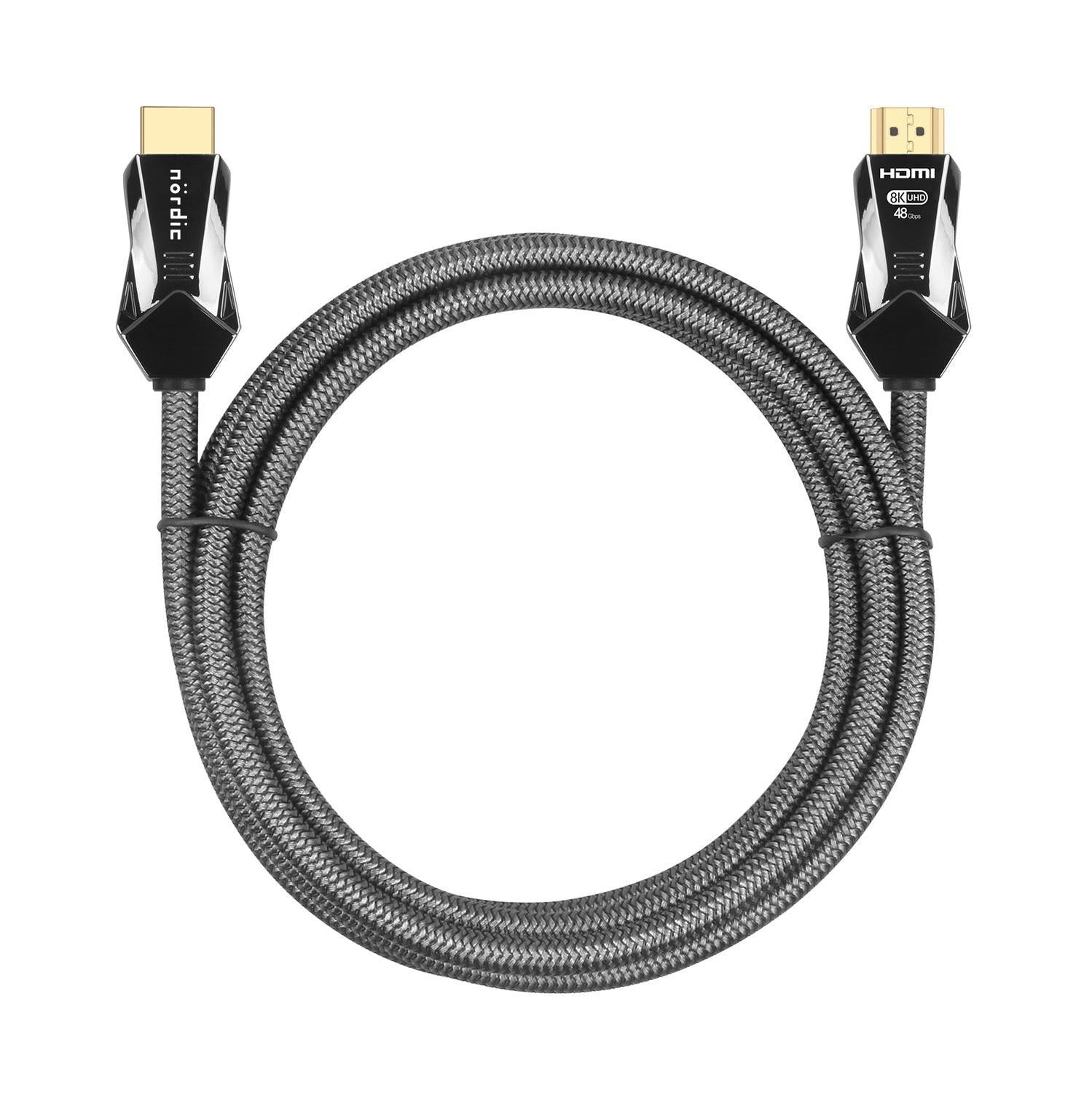 NÖRDIC-SERTIFISERT KABLER 1m Ultra High Speed HDMI 2.1 8K 60Hz 4K 120Hz 48Gbps Dynamic HDR eARC VRR Nylonflettet kabel gullbelagt