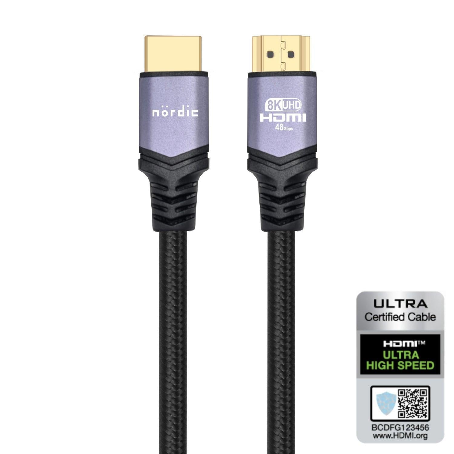 NÖRDIC CERTIFIED CABLES 2m Ultra High Speed HDMI 2.1 8K 60Hz 4K 120Hz 48Gbps Dynamic HDR eARC Spillmodus VRR Dolby ATMOS Nylonflettet gullbelagt