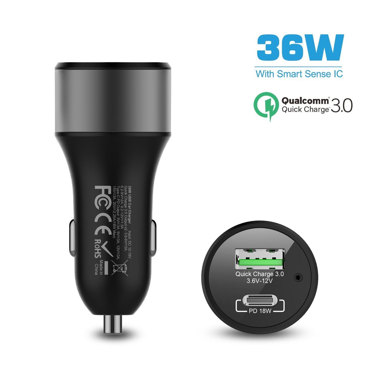NÖRDIC Car Charger 36W med 1xUSB C PD18W og 1XUSB A 18W Quick Charger 3.0 Qualcomm Certified