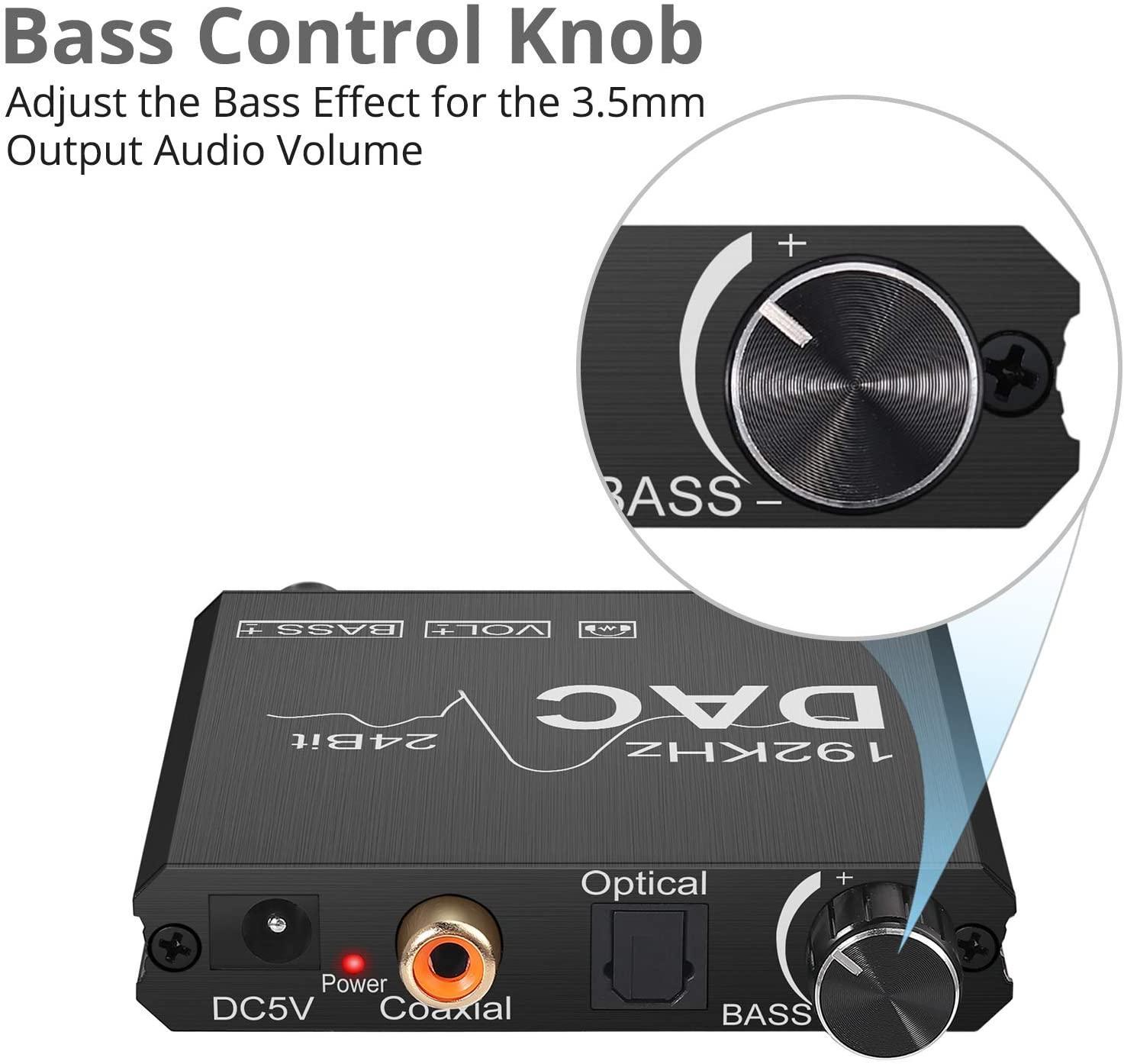 NÖRDIC DAC Digital til analog konverter 192KHz Digital Toslink og koaksial til analog l / r og 3,5 mm stereo med bass og volumkontroll