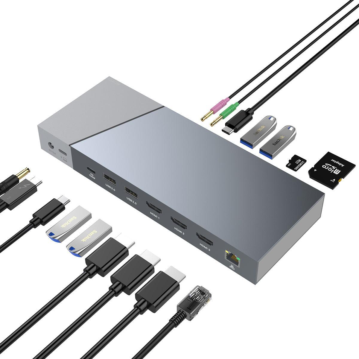 NÖRDIC DisplayLink USB-A & USB-C Dokkingstasjon 1 til 15 for trippelskjermer 3xHDMI 4K30Hz for Mac M1 M2 Thunderbolt 3 & 4