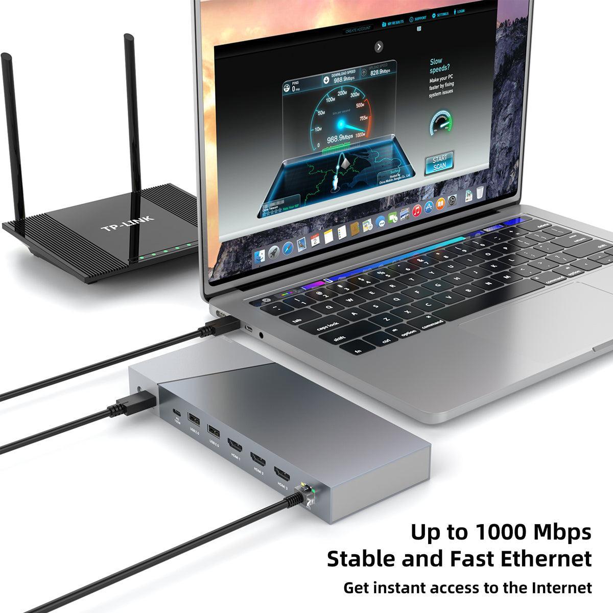 NÖRDIC DisplayLink USB-A & USB-C Dokkingstasjon 1 til 15 for trippelskjermer 1xHDMI 4K30Hz 2xHDMI 2K50hz for Mac M1 M2 Thunderbolt 3 & 4