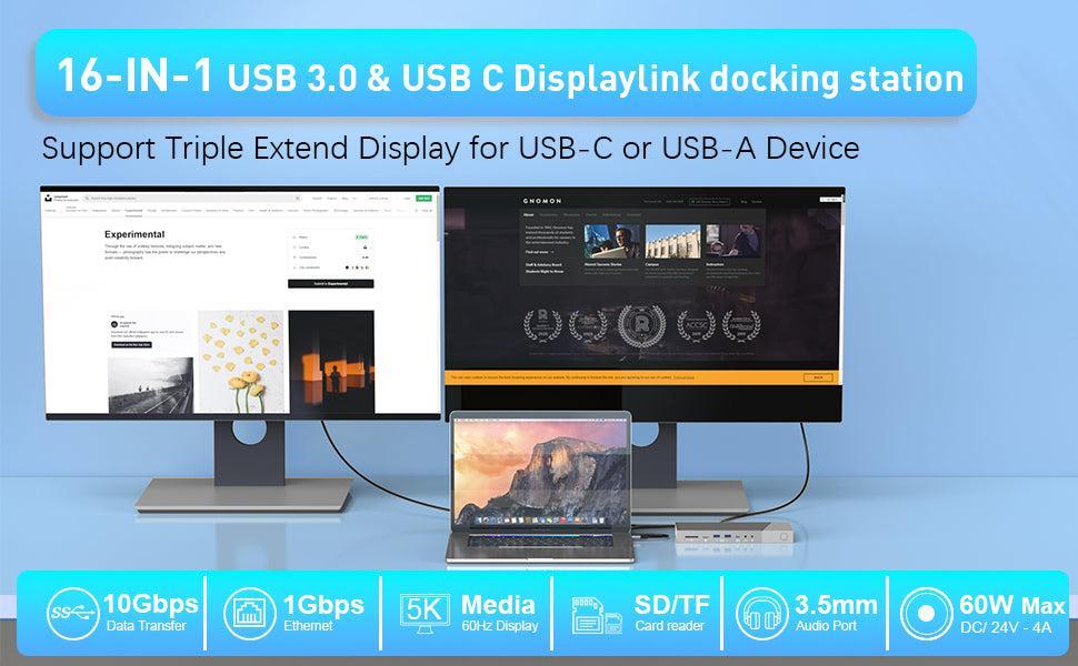 NÖRDIC DisplayLink USB-A & USB-C dokkingstasjon 1 til 12 2xHDMI 4K60Hz 2xDP 4K60Hz For Mac M1 M2 Thunderbolt 3 & 4