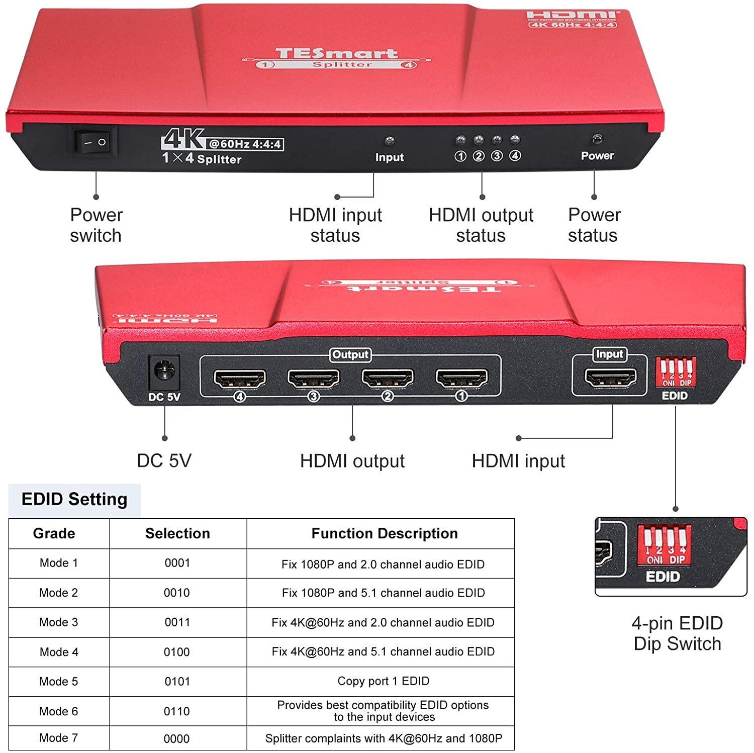 NÖRDIC HDMI 2,0 4K 60Hz 4: 4: 4 Splitter 1 til 4 Edid 18Gbps CEC HDR, Dolby og DTS, LPCM7.1 Metal