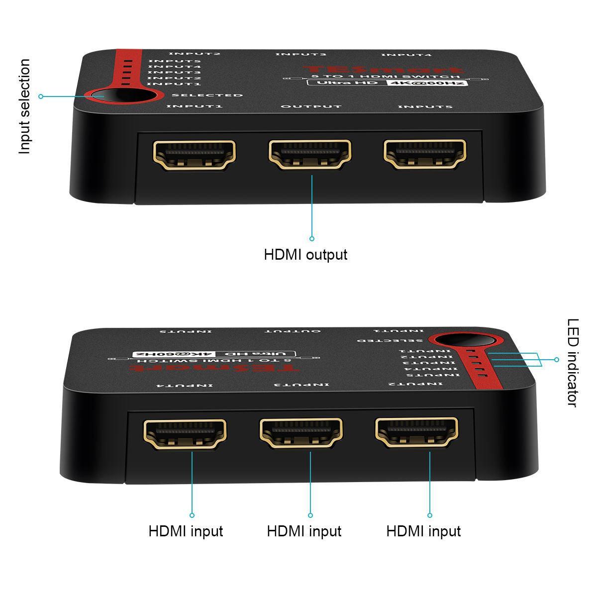 NÖRDIC HDMI 2.0-svitsj 5 til 1 4K 60Hz 18Gbps 3D UHD RGB 4:4:4 HDCP 2.2 HDR10 LPCM 7.1, Dolby TrueHD og DTS-HD Master Audio