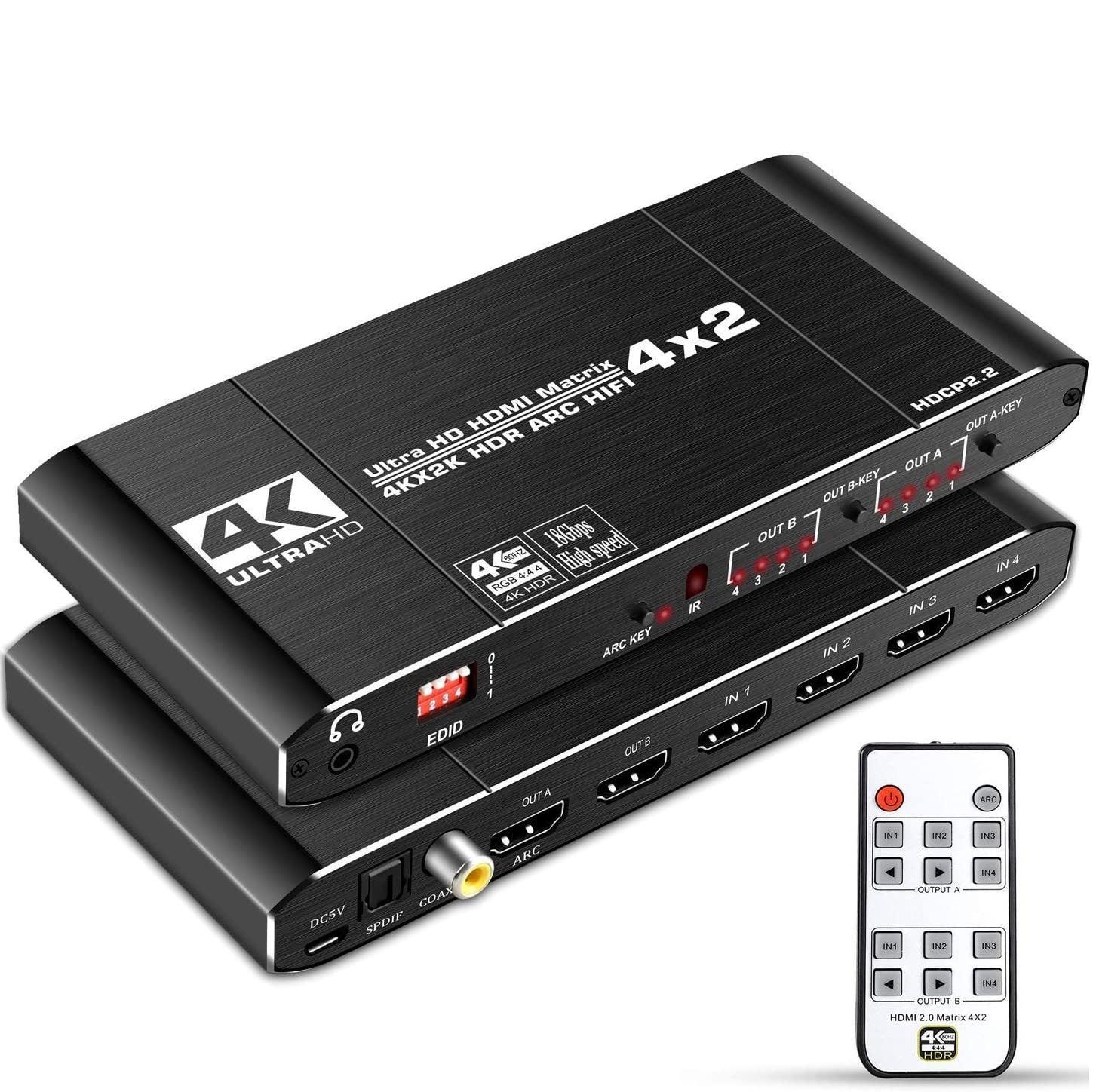 NÖRDIC HDMI Matrix Switch 4 til 2 med lydkontaktor og bue, 4kx2k i 60Hz, YUV 4: 4: 4 18Gbps HDCP 2.2, 5.1 Surround, metall