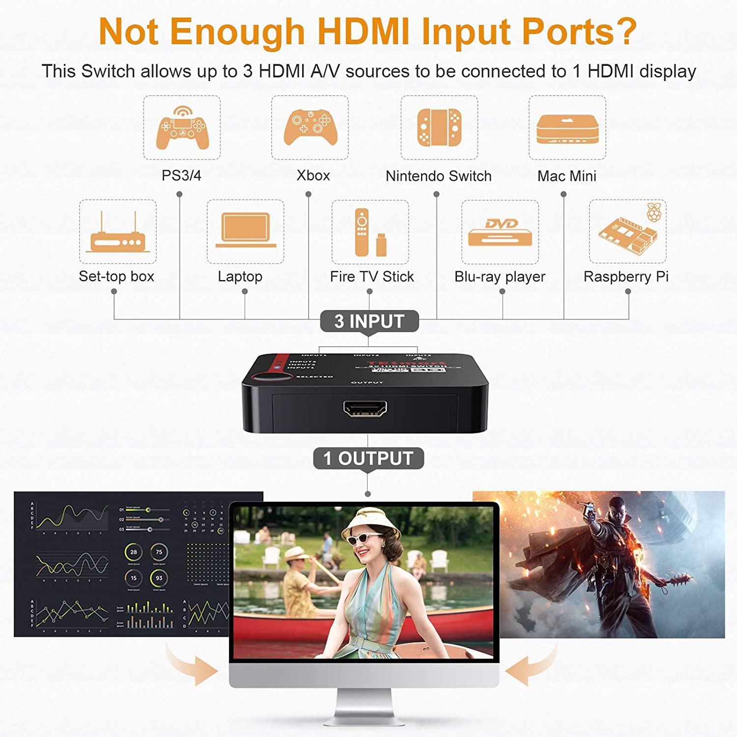 NÖRDIC HDMI Switch 3 til 1 Støtte for 4k 30Hz Full HD1080P 3D ARC 10.2Gbps