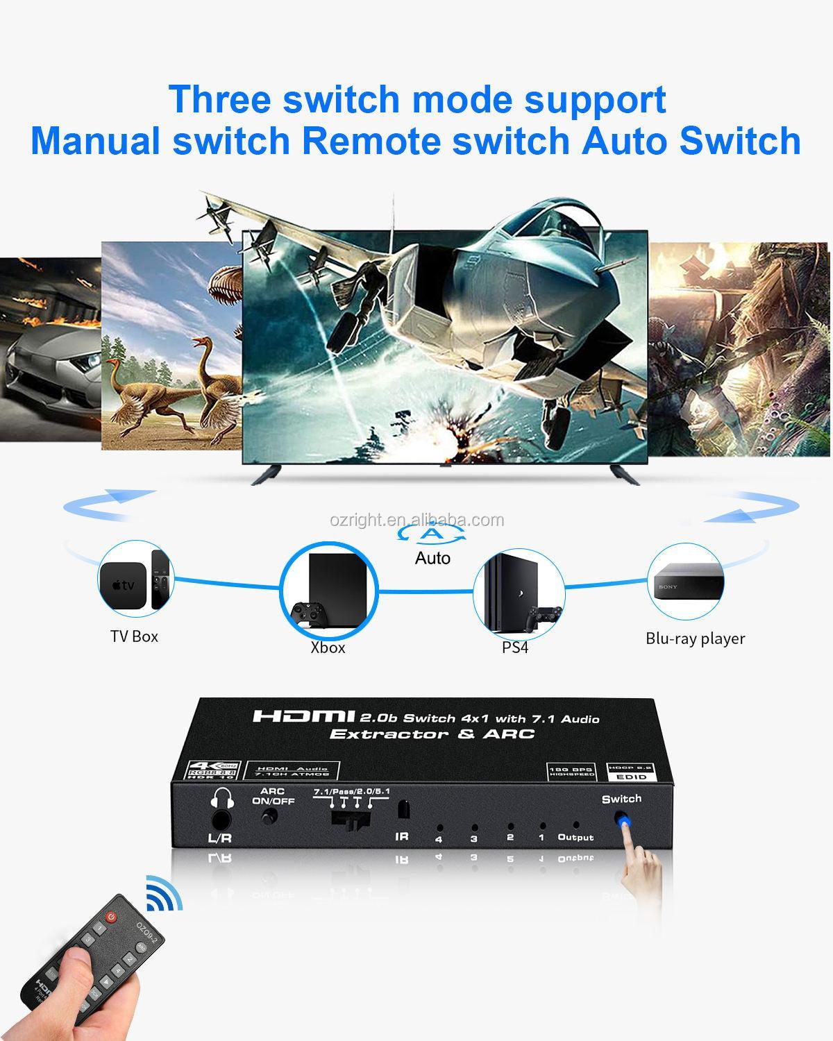 NÖRDIC HDMI Switch 4 til 1 med 7.1 lydekstraktor ARC SPDIF stereo 3,5 mm lyd 4K60hz HDCP2.2 3D HDR10 18Gbps