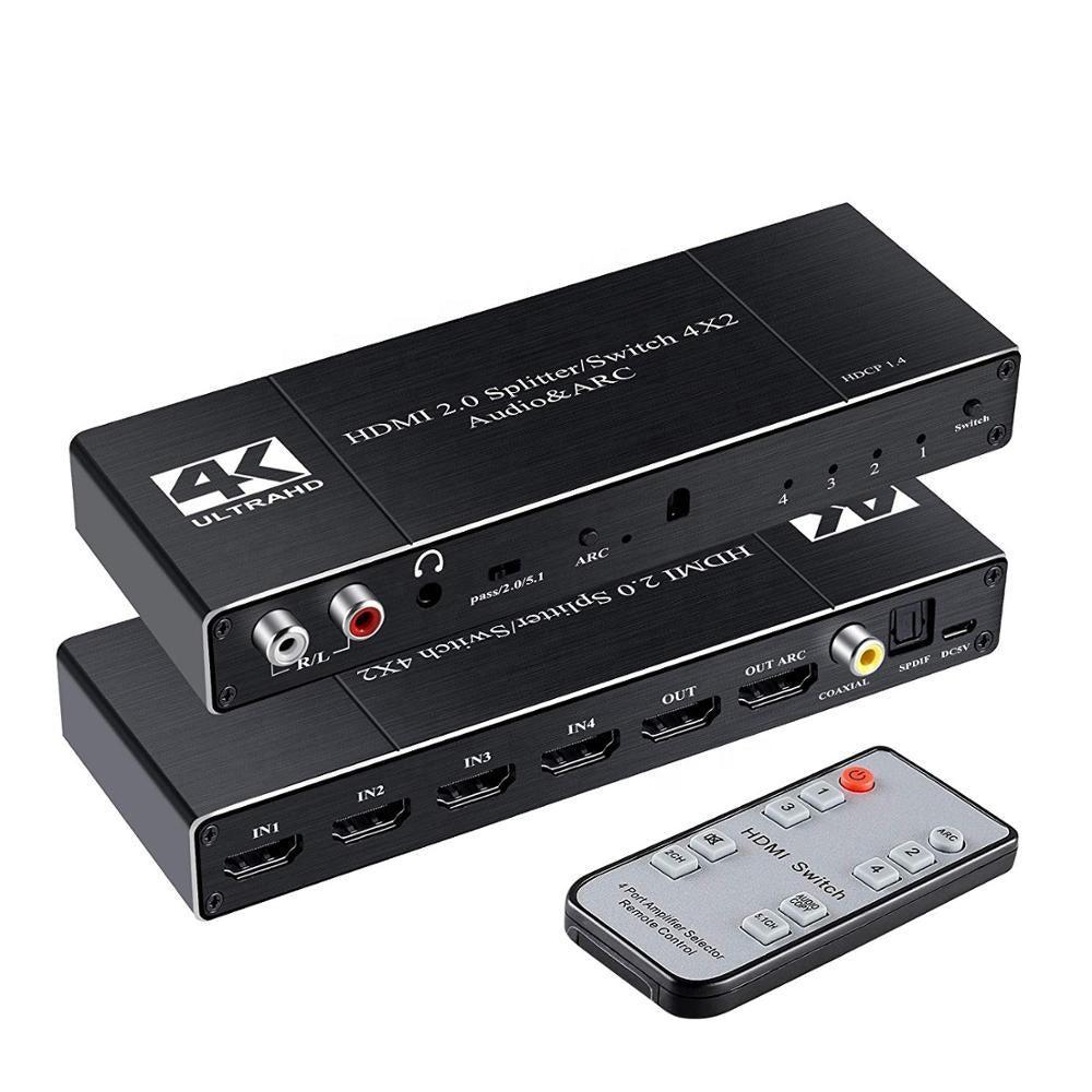 NÖRDIC HDMI Switch 4 til 2 med lydkontaktor og bue, 4kx2k i 60Hz, HDCP 2.2, 5.1 Surround, metall