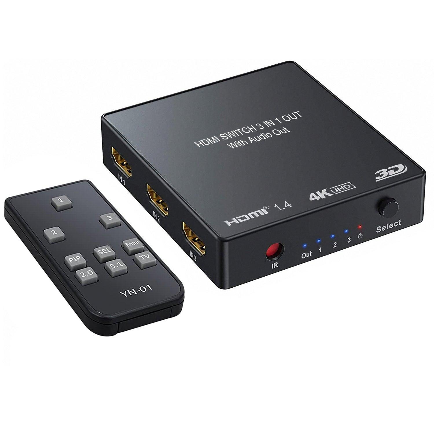 NÖRDIC HDMI-bryter med 3xHDMI-inngang og 1xHDMI 4K i 30Hz, 1xtoslink digital utgang og 2x analog stereo lyd L / R RCA-utgang, infrarød fjernkontroll