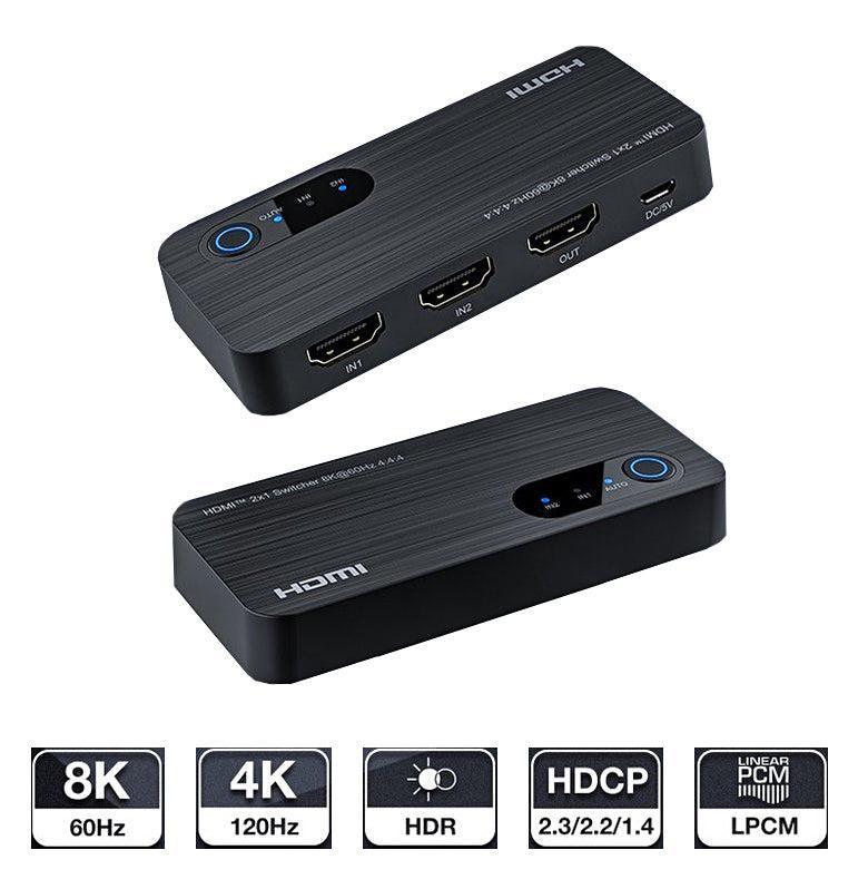 NÖRDIC HDMI-svitsj 2 til 1 8K60Hz 4K120Hz 48Gbps HDR HDCP2.3 Surround 7.1 CEC