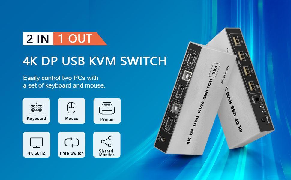 NÖRDIC KVM Switch 2 PC til 1XDP 1.2 4K60Hz og 3xUSB-port for Xbox, PS5, bærbar PC