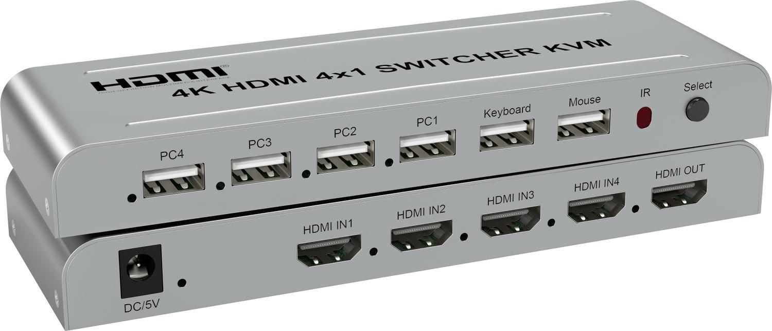 NÖRDIC KVM Switch 4 PC til 1xHDMI 4K 30Hz og 2xUSB HDCP 2.2