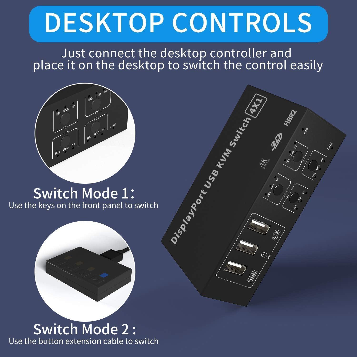 NÖRDIC KVM Switch 4 PC til 1 DisplayPort 4K 60Hz og 4x USB HDCP 2.2