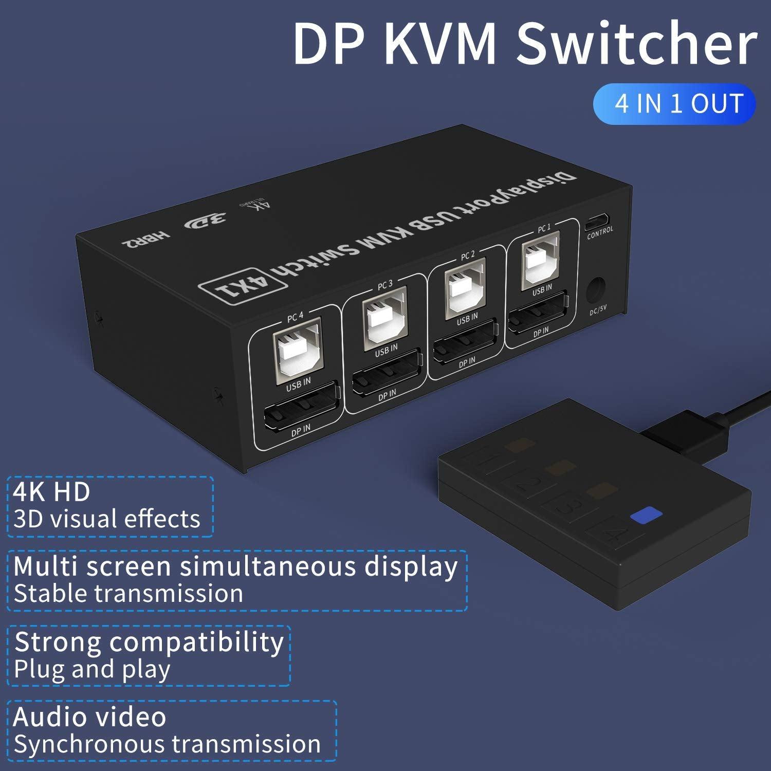 NÖRDIC KVM Switch 4 PC til 1 DisplayPort 4K 60Hz og 4x USB HDCP 2.2