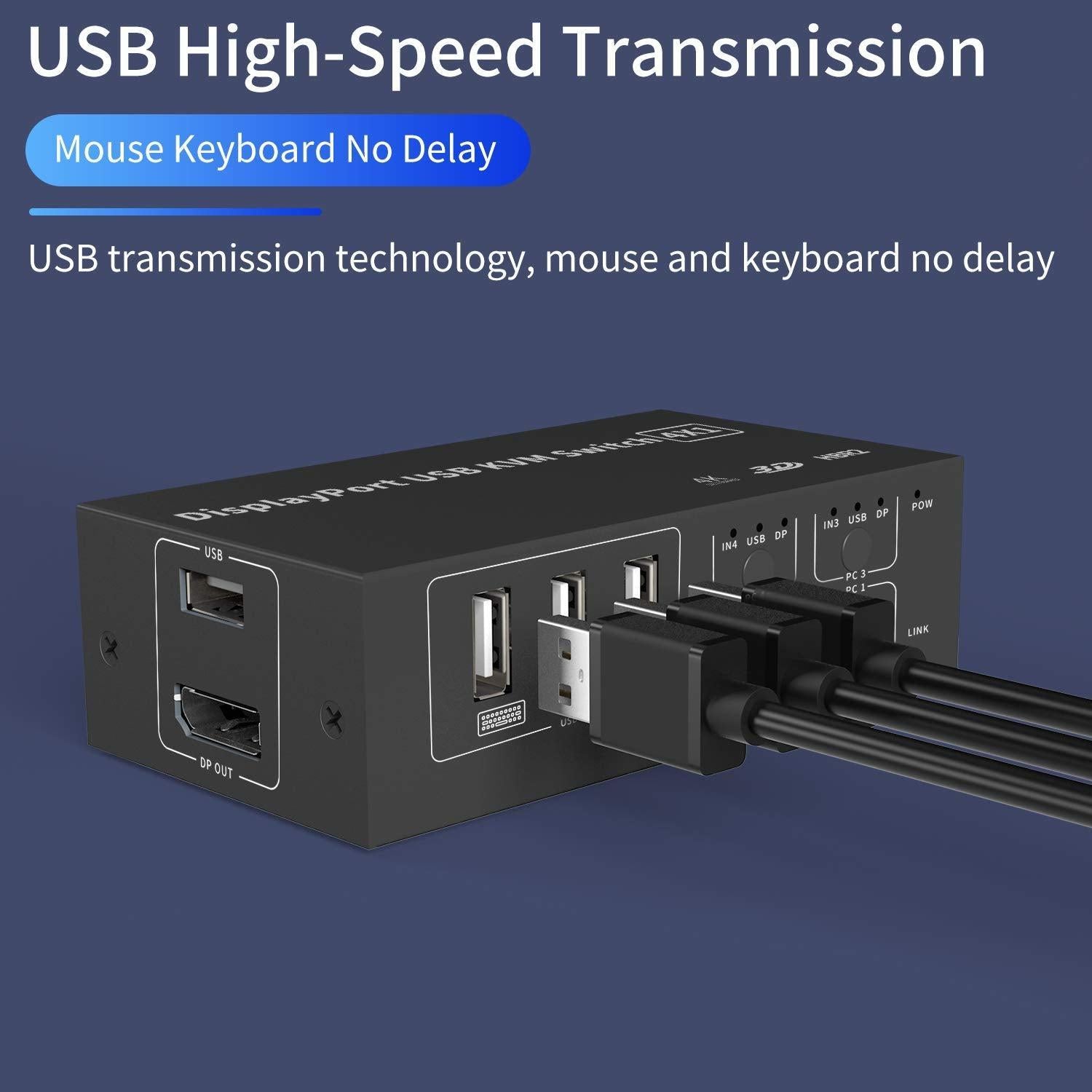 NÖRDIC KVM Switch 4 PC til 1 DisplayPort 4K 60Hz og 4x USB HDCP 2.2