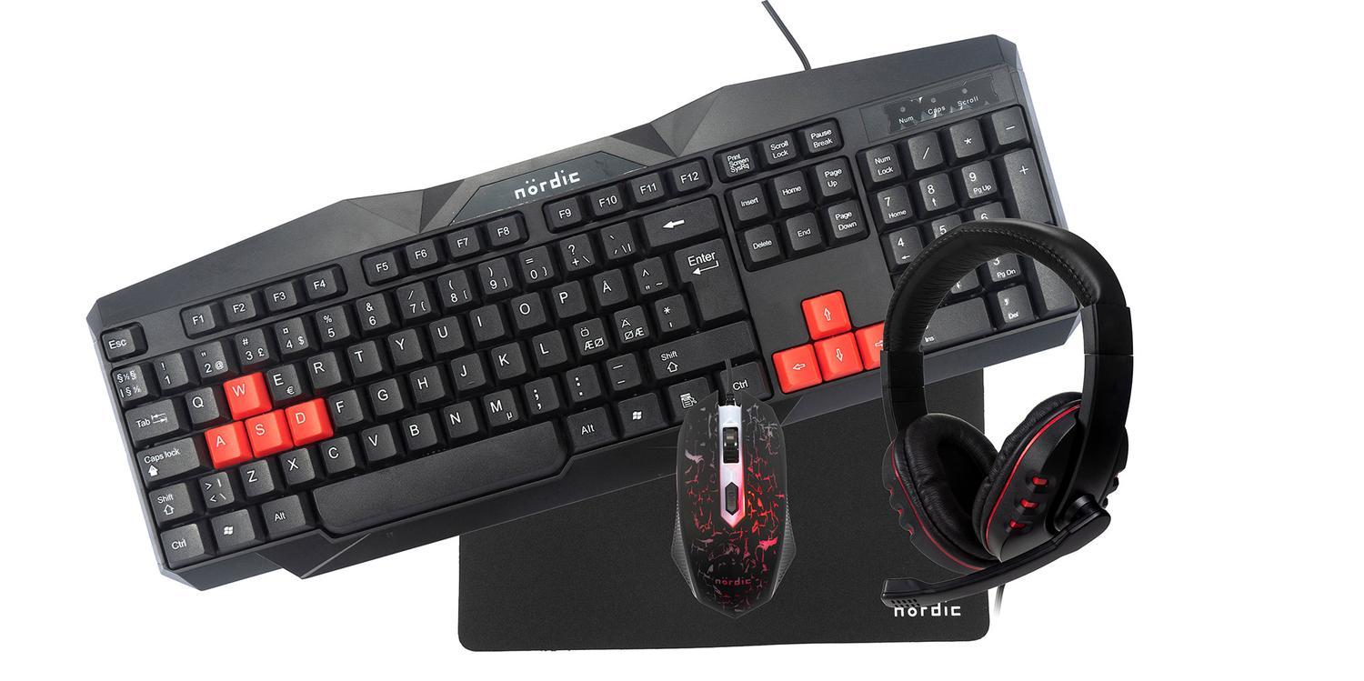 NÖRDIC Kit1, Complete Starter GamingKit 4-i-1, tastatur, mus, hodesett, musematte, svart med detaljer i rødt