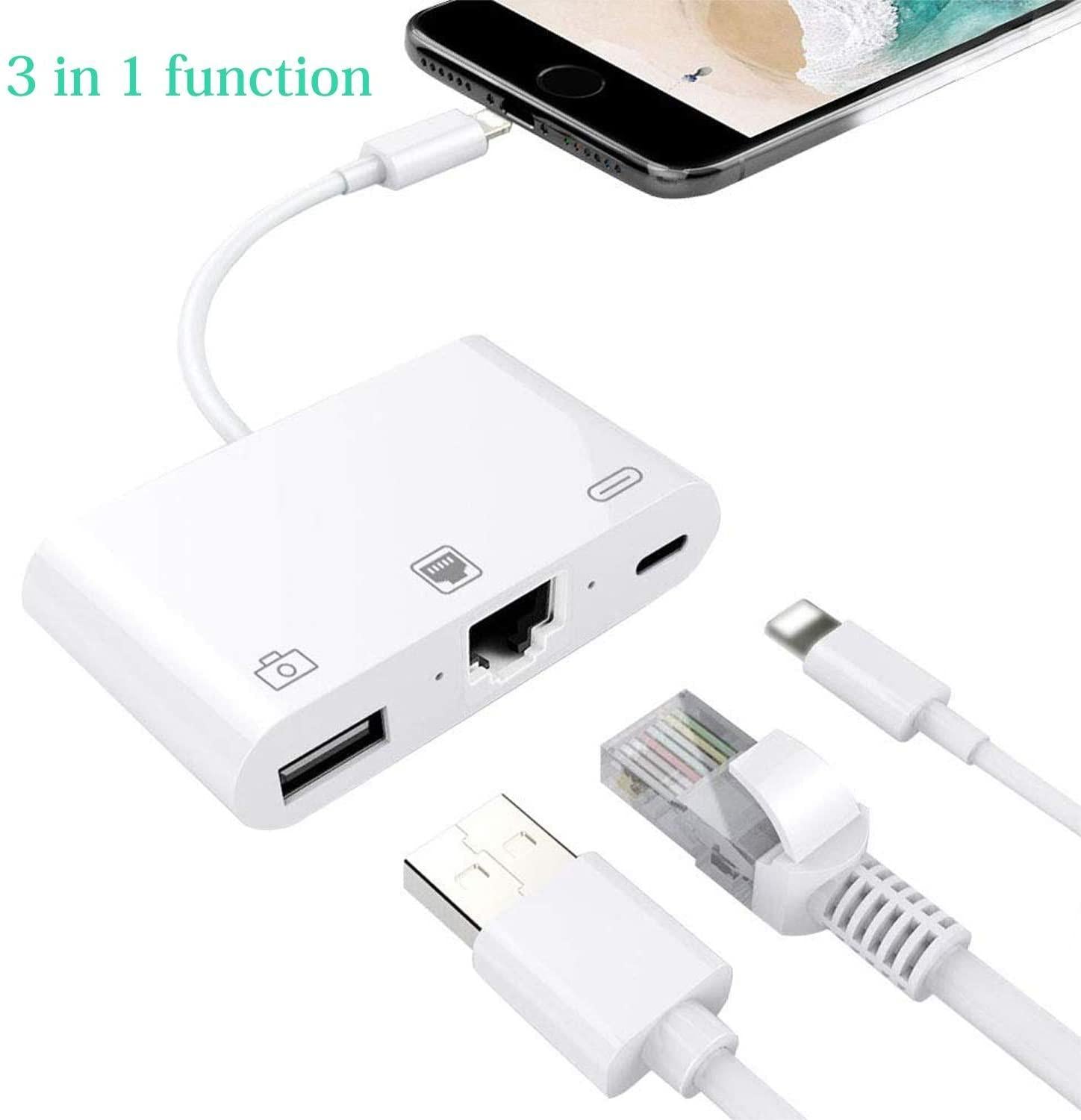 NÖRDIC Lightning Adapter 1 til 3 Porter 1x USB3.1 1x RJ45 10/100 Mbps 1X Lightning for lading