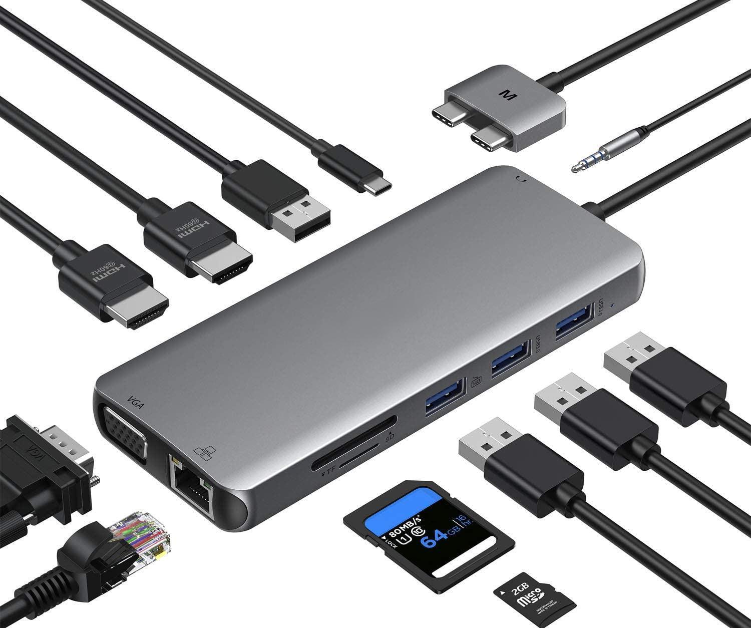 NÖRDIC Macbook Pro-dokkingstasjon 1 til 12 porter dobbel HDMI 1xVGA 1x USB-C PD 87W 1xRJ45 Giga 4xUSB-A 2xSD / TF 1x lyd