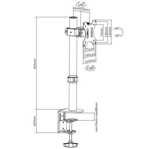 NÖRDIC Monitorarm Table Bracket for 1 Monitor 13-32 med Justerbar høyde Rotatbar og vippbar, Stål, Svart, Skjermbrakett VESA 75 og 100