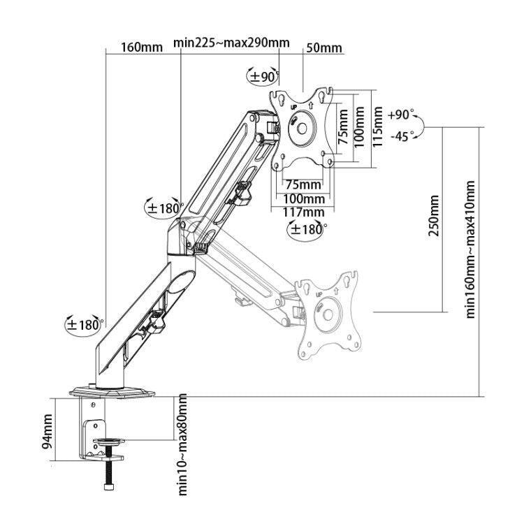 NÖRDIC Monitorarm Table Bracket med gassfjær for 1 skjerm, 17 "-27", aluminium og stål, svart, skjermbrakett