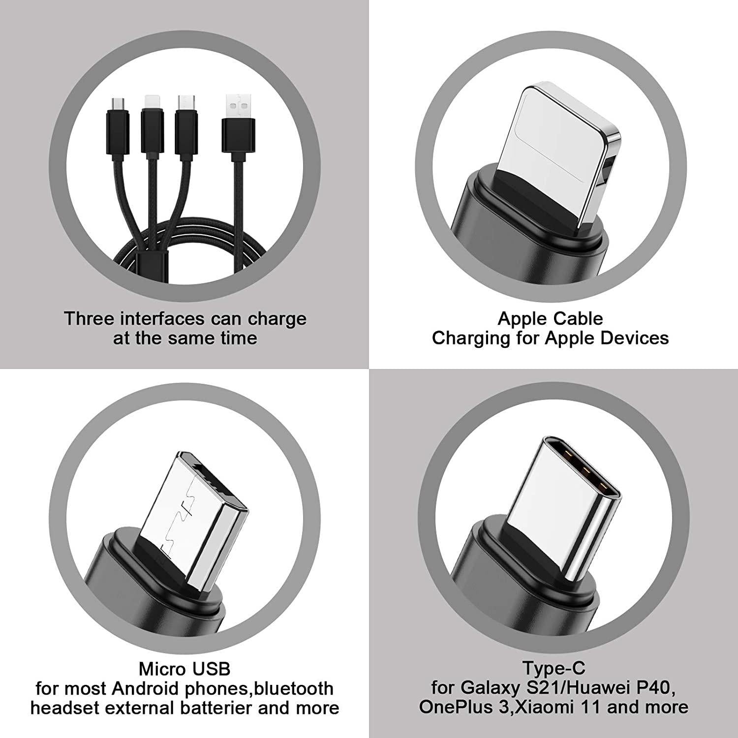 NÖRDIC Multiladerkabel 1 til 3 USB-A til USB-C, Non MFI Lightning og Micro USB 1m Max 2,4A