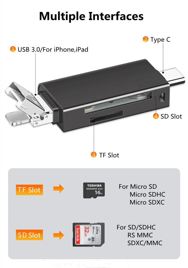 NÖRDIC OTG-kortleser 3 i 1 USB-C + Lightning + USB-A 3.0-støtte for SD / TF Micro SD Opptil 2TB 5Gbps