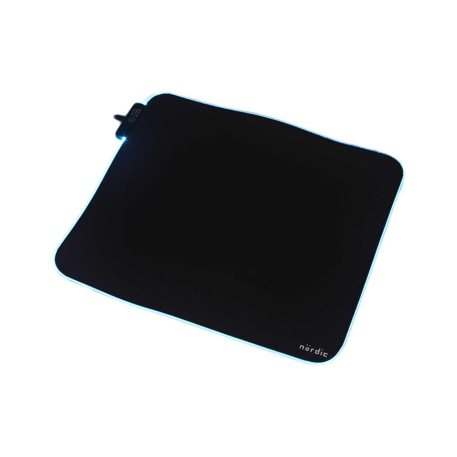 NÖRDIC RGB Gaming Mouse Mat, 320x270x3mm (s), Slipfri naturgummi, Elastan Top, Svart