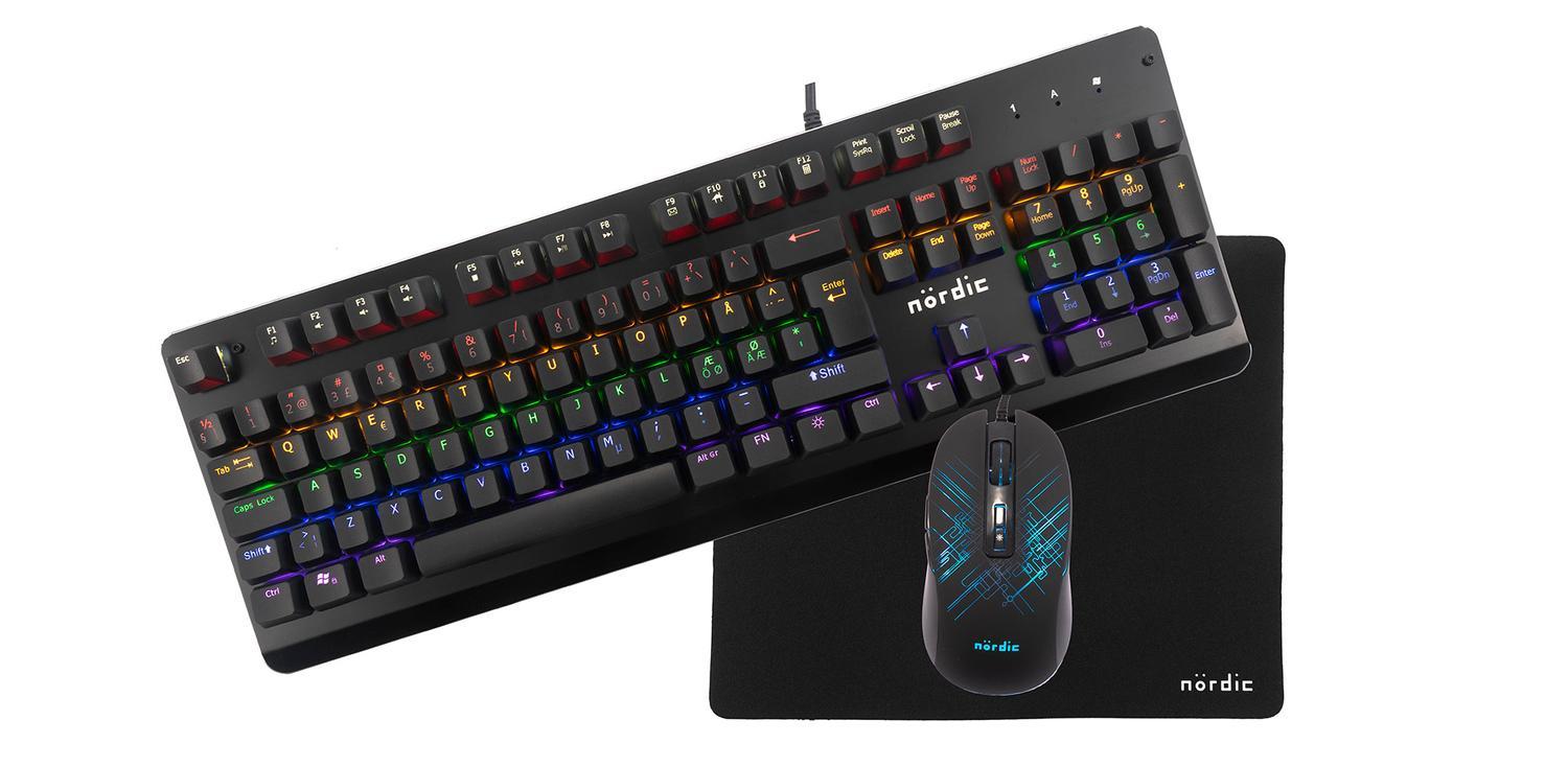 NÖRDIC RGB Kit 3-I-1, Mekanisk RGB-tastatur Xinda Blue Switch, RGB Mus, Mousepad