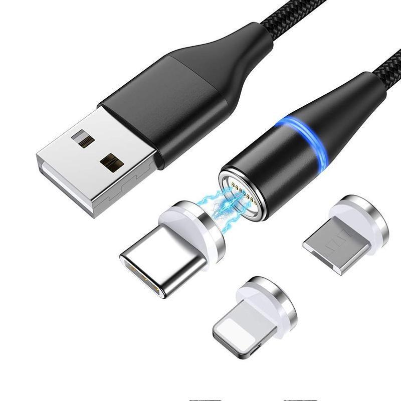 NÖRDIC USB2.0 Magnetisk kabel 3i1 Lightning (ikke MFI), USB-C Micro USB 1m3A svart