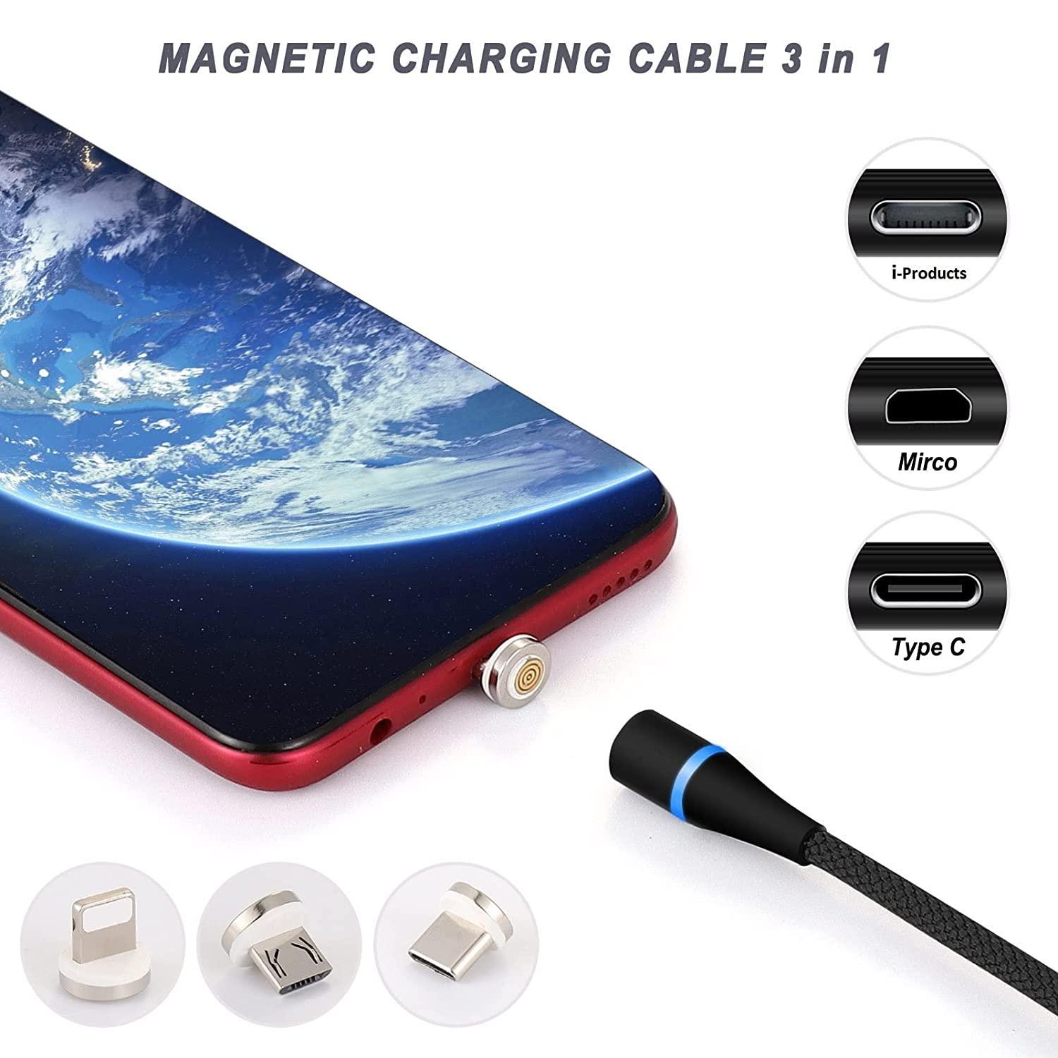 NÖRDIC USB2.0 Magnetisk kabel 3i1 Lightning (ikke MFI), USB-C Micro USB 1m3A svart