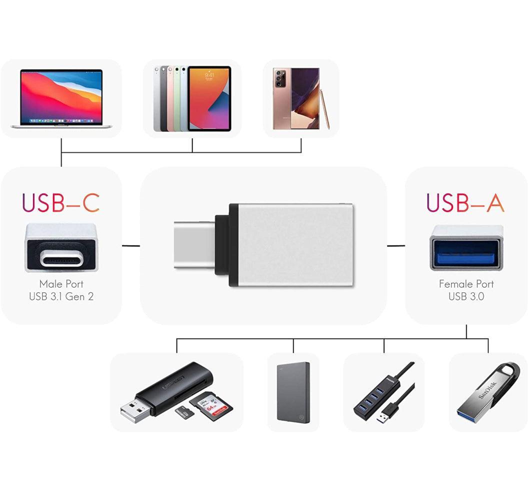 NÖRDIC USB-A 3.1 OTG hunn til USB C hannadapter aluminium sølv OTG USB-C adapter synkronisering og lading