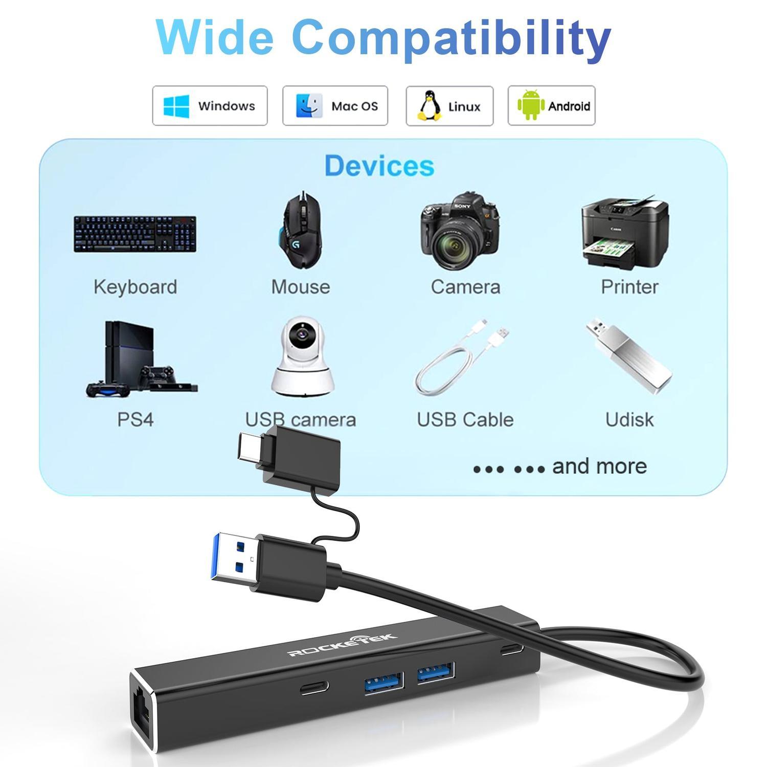 NÖRDIC USB-A og C nettverksadapter 1xGiga LAN 2xUSB-C 5G 2xUSB-A 5G