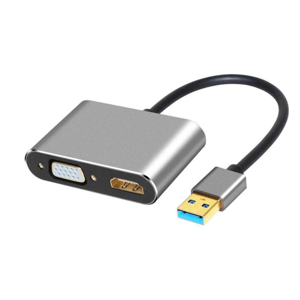 NÖRDIC USB A til HDMI 1080p og VGA 1080P Støtte for dobbeltmonitorer Speil og utvidet modus 10cm Kabel Aluminiumsrom Grå